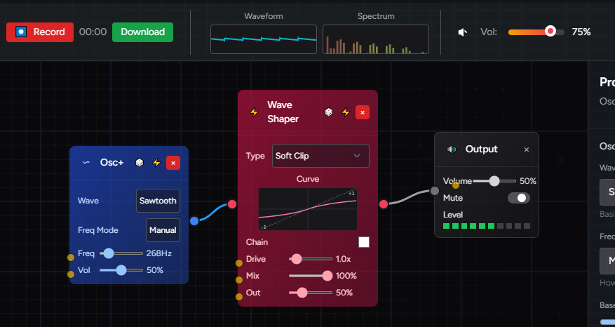 Oscillator, connected to a distortion, connected to an output.